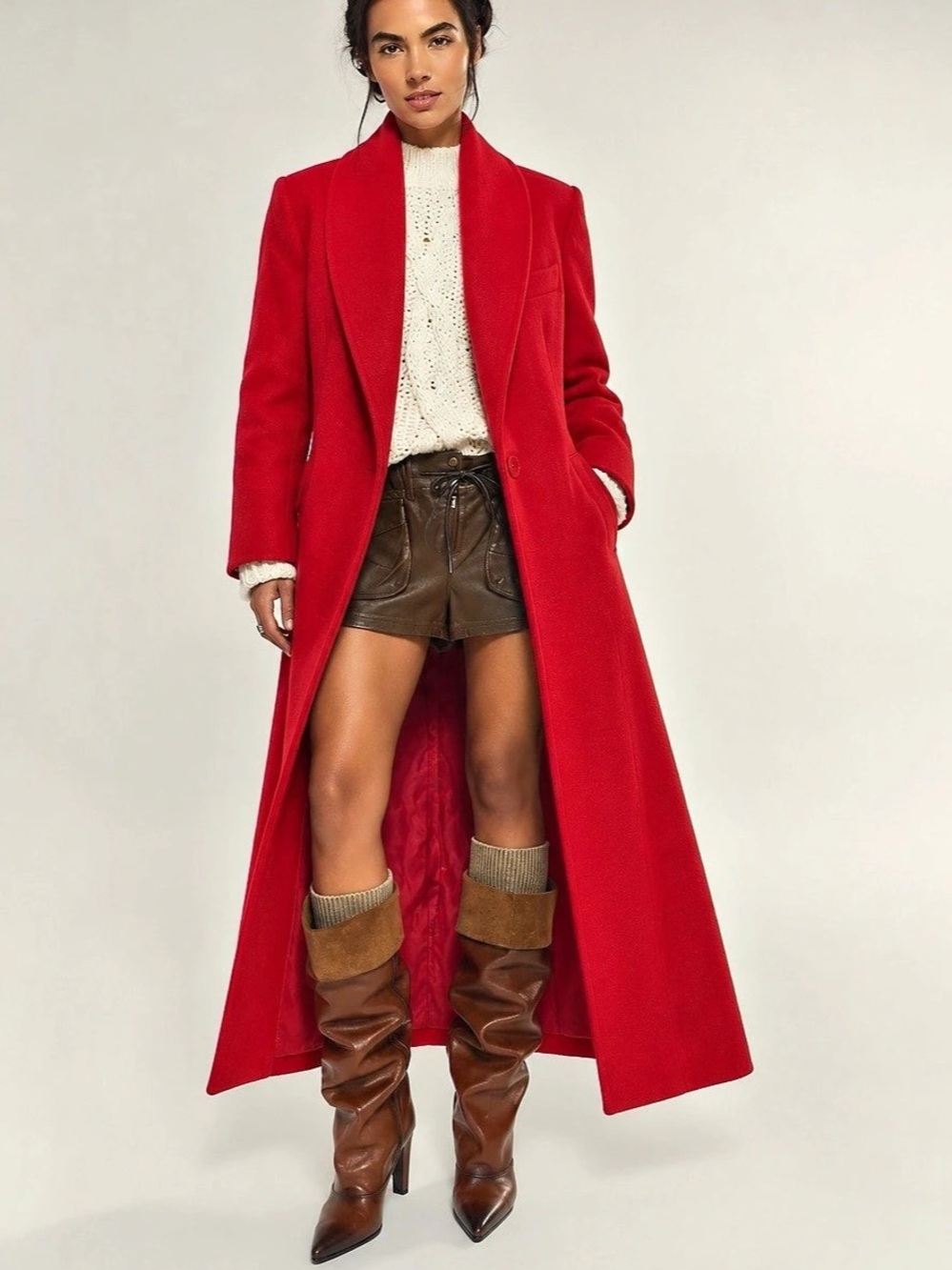 Ashley Scott Red Wool Long Coat